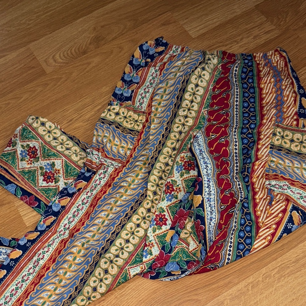 VTG Boho Pendulum Pants Rainbow Patchwork  Flare Rainbow Seersucker 1970s XS
